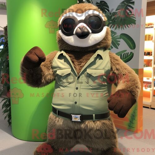Costume De Mascotte Redbrokoly De Paresseux Géant Olive Habillé Avec Un Gilet Et Des Lunettes De Soleil