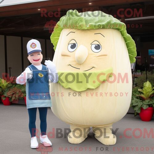 Personnage De Costume De Mascotte Redbrokoly De Corned-Beef Et De Chou À La Crème Habillé D Un Short En Jean Et D Une Écharpe