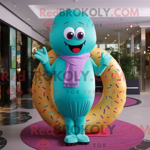 Costume Mascotte Redbrokoly De Beignet Turquoise Habillé Avec Un Jegging Et Des Châles