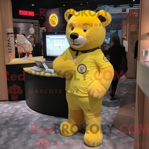 Costume De Mascotte Redbrokoly D Ours Jaune Citron Habillé D Un Maillot De Bain Une Pièce Et D Épinglettes