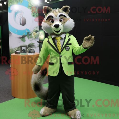 Personnage De Costume De Mascotte Redbrokoly De Raton Laveur Vert Citron Habillé D Un Blazer Et D Épinglettes