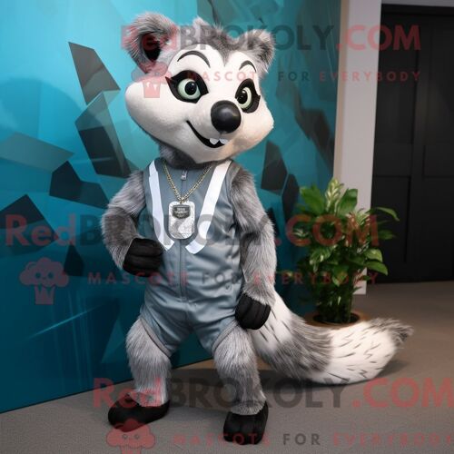 Costume Mascotte Redbrokoly De Civette Argentée Personnage Habillé D Un Short De Course Et De Pochettes De Costume