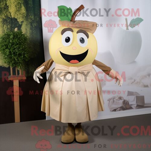 Costume Mascotte Redbrokoly De Pomme Beige Habillé D Une Robe Portefeuille Et De Bretelles