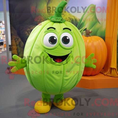 Personnage De Costume De Mascotte Redbrokoly De Citrouille Vert Citron Habillé D Une Salopette Et D Une Écharpe