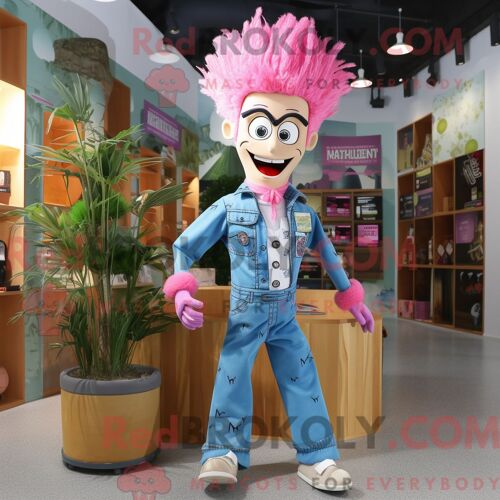 Costume De Mascotte Redbrokoly De Docteur Rose Personnage Habillé D Une Chemise En Jean Et D Épingles À Cheveux