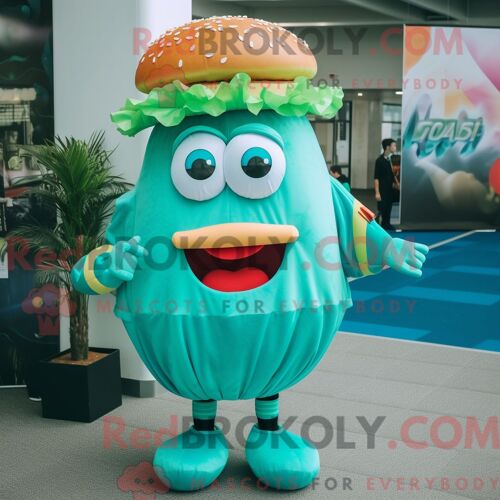 Personnage De Costume De Mascotte Redbrokoly De Hamburger Cyan Habillé Avec Une Robe Droite Et Des Bagues