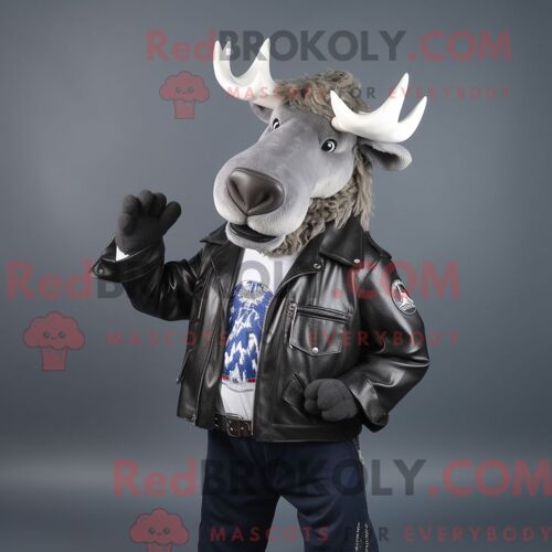 Costume De Mascotte Redbrokoly De Silver Moose Habillé Avec Une Veste De Motard Et Des Bandeaux