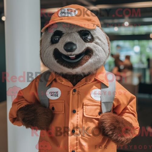 Costume De Mascotte Redbrokoly De Paresseux Rouille Habillé D Une Chemise Boutonnée Et D Épingles À Chapeau
