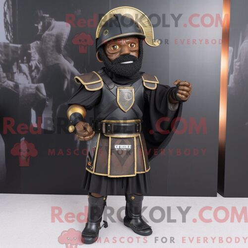 Costume De Mascotte Redbrokoly De Soldat Romain Noir Habillé D Une Veste De Moto Et D Épingles À Cravate