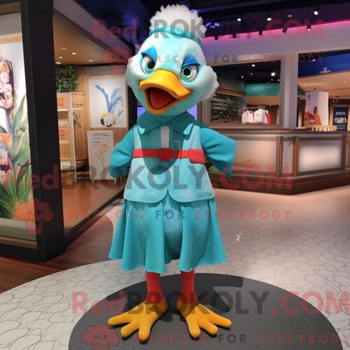 Costume De Mascotte Redbrokoly De Canard De Barbarie Turquoise Personnage Habillé Avec Une Barboteuse Et Des Pinces À Cheveux