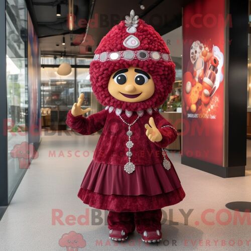 Personnage De Costume De Mascotte Redbrokoly De Maroon Queen Habillé Avec Une Robe Portefeuille Et Des Bracelets De Cheville