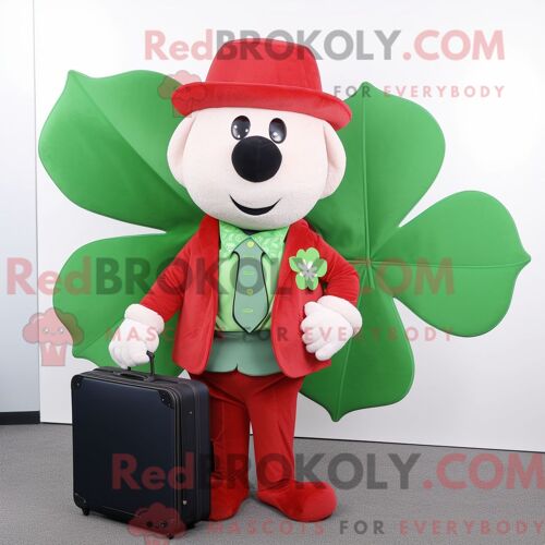 Personnage De Costume De Mascotte Redbrokoly De Trèfle À Quatre Feuilles Rouge Habillé D Un Cardigan Et De Porte-Documents