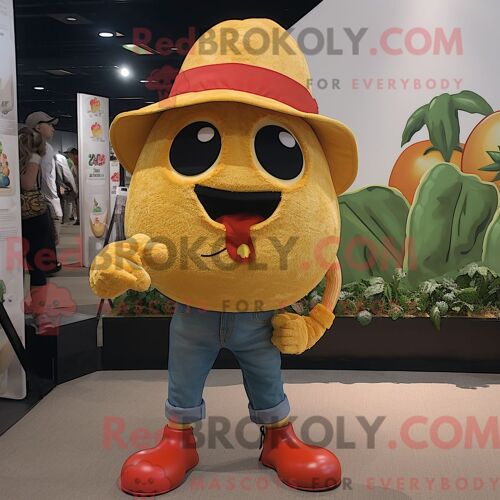 Costume Mascotte Redbrokoly De Roi Beige Habillé Avec Un Jean Maman Et Des Portefeuilles