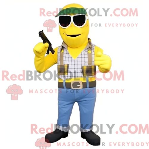 Costume De Mascotte Redbrokoly De Tireur D Élite Jaune Citron Habillé D Une Chemise En Flanelle Et De Bracelets