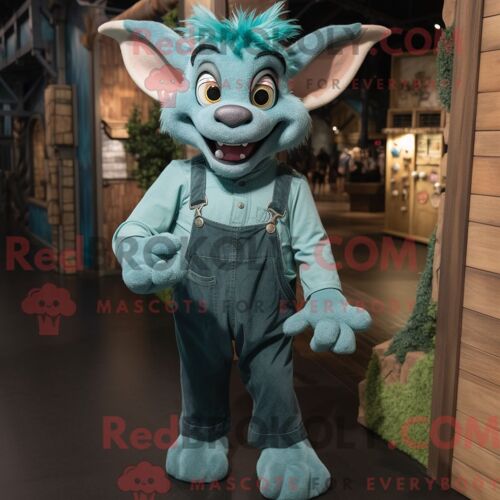 Costume Mascotte Redbrokoly De Gargouille Bleu Sarcelle Habillé Avec Une Salopette Et Des Bretelles