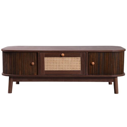 Table Basse Effet Noyer Vintage Et Rotin 1 Tiroir Et 2 Niches