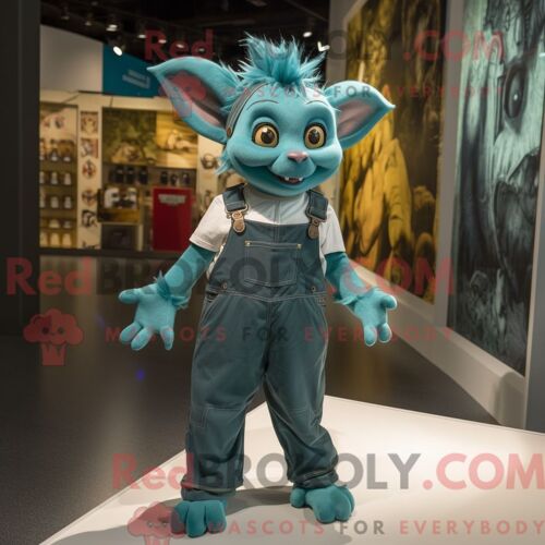 Costume Mascotte Redbrokoly De Gargouille Bleu Sarcelle Habillé Avec Une Salopette Et Des Bretelles