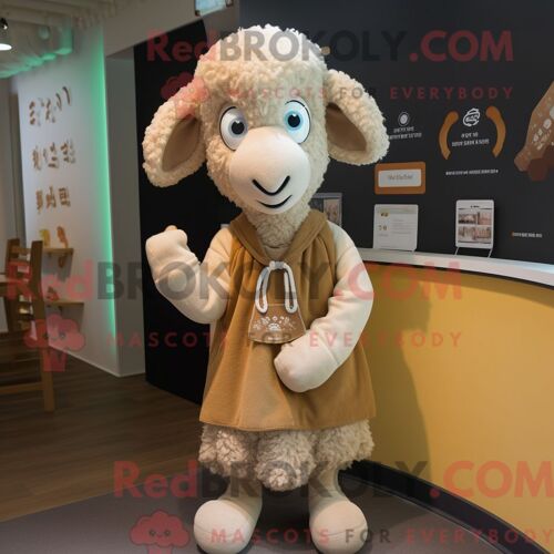 Costume De Mascotte Redbrokoly De Mouton Bronzé Habillé D Un T-Shirt Et De Châles