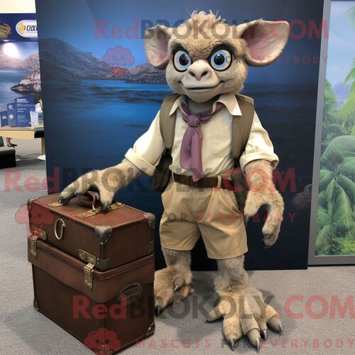 Costume Mascotte Redbrokoly De Gargouille Beige Habillé D Un Bermuda Et De Porte-Documents