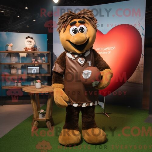Costume De Mascotte Redbrokoly De Coeur Marron Habillé Avec Une Chemise De Rugby Et Des Colliers
