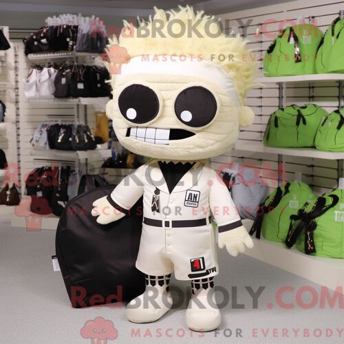 Costume Mascotte Redbrokoly De Monstre De Frankenstein Beige Habillé D Un Maillot De Bain Une Pièce Et De Sacs Besaces