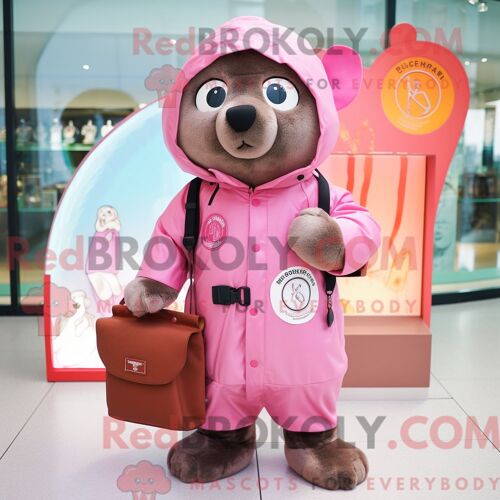 Costume De Mascotte Redbrokoly De Phoque Rose Habillé D Un Imperméable Et De Portefeuilles