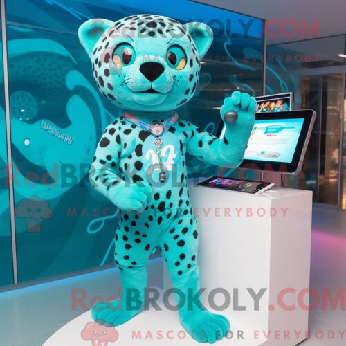 Costume Mascotte Redbrokoly De Jaguar Turquoise Habillé D Un Maillot De Bain Une Pièce Et De Montres Numériques