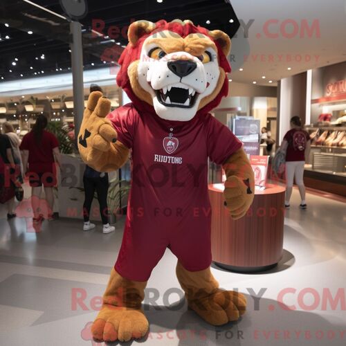 Costume De Mascotte Redbrokoly De Tigre À Dents De Sabre Marron Habillé Avec Un T-Shirt À Col En V Et Des Sacs À Main