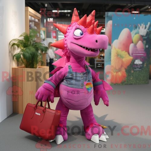 Costume De Mascotte Redbrokoly De Stégosaure Magenta Personnage Habillé Avec Un Jean Et Des Sacs À Main