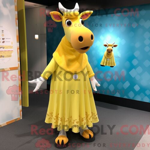 Costume De Mascotte Redbrokoly De Vache En Jersey Jaune Citron Personnage Habillé Avec Une Robe Taille Empire Et Des Épingles À Châle