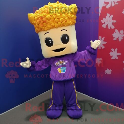 Costume De Mascotte Redbrokoly De Pop Corn Violet Personnage Habillé D Un Sweat-Shirt Et De Pinces À Cheveux