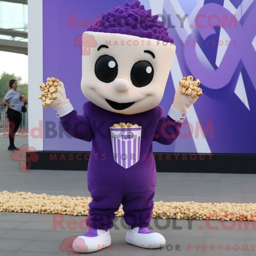 Costume De Mascotte Redbrokoly De Pop Corn Violet Personnage Habillé D Un Sweat-Shirt Et De Pinces À Cheveux