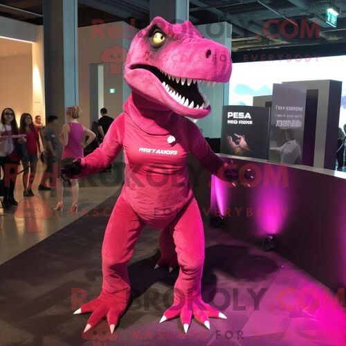 Costume De Mascotte Redbrokoly Magenta T Rex Habillé Avec Une Robe Fourreau Et Des Bandeaux