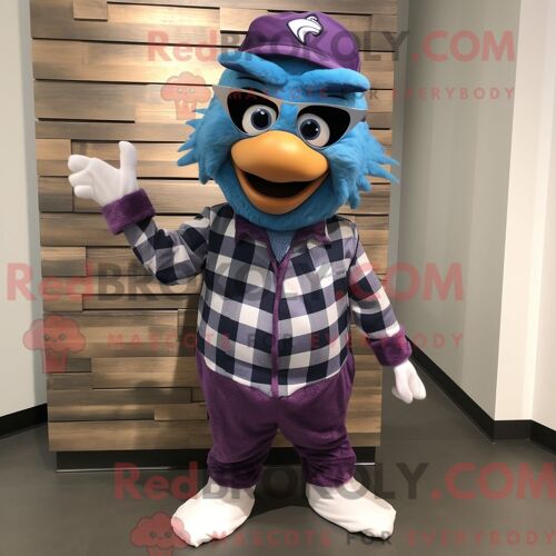 Costume De Mascotte Redbrokoly De Jay Bleu Violet Habillé D Une Chemise En Flanelle Et De Bandeaux