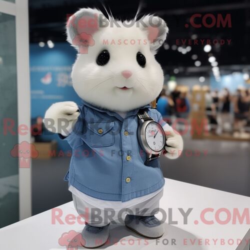 Costume Mascotte Redbrokoly De Hamster Blanc Habillé D Une Chemise En Chambray Et De Montres Connectées