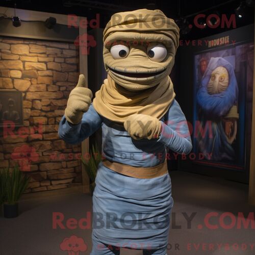Personnage De Costume De Mascotte Redbrokoly De Momie Olive Habillé Avec Une Chemise En Jean Et Des Gants