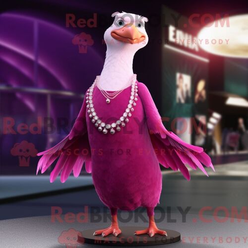 Costume De Mascotte Redbrokoly De Magenta Gull Habillé D Une Robe De Soirée Et De Colliers
