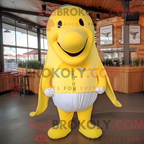 Costume De Mascotte Redbrokoly De Baleine À Bosse Jaune Citron Habillé Avec Un T-Shirt À Col En V Et Des Bretelles