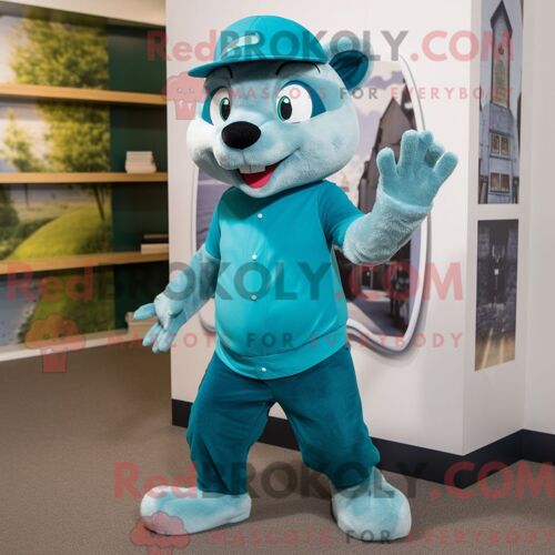 Costume Mascotte Redbrokoly De Belette Turquoise Habillé Avec Un Pantalon Capri Et Des Bonnets