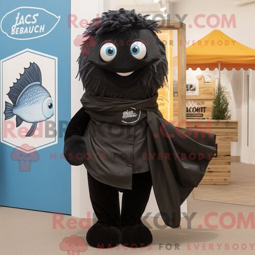 Personnage De Costume De Mascotte Redbrokoly De Fish And Chips Noir Habillé Avec Un Jean Bootcut Et Des Écharpes