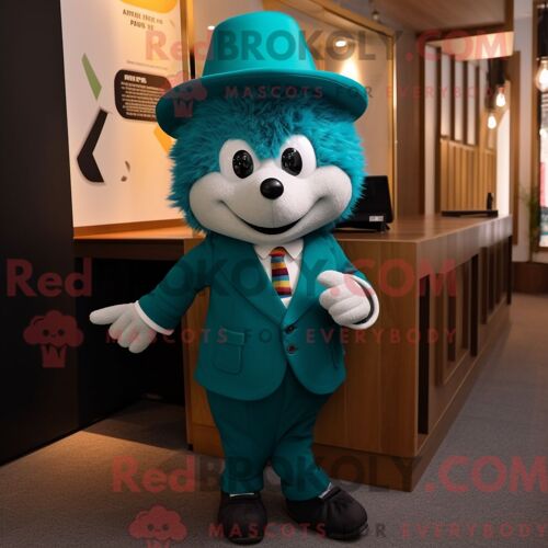 Costume Mascotte Redbrokoly De Hérisson Bleu Sarcelle Habillé D Un Costume Et De Bérets