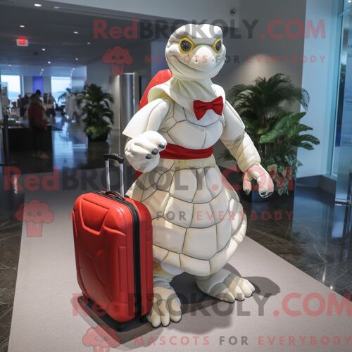 Personnage De Costume De Mascotte Redbrokoly De Tortue De Mer Rouge Habillé Avec Une Robe De Mariée Et Des Porte-Documents