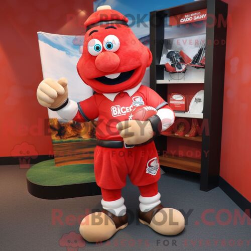 Personnage De Costume De Mascotte Redbrokoly De Red Cod Habillé Avec Une Chemise De Rugby Et Des Lacets De Chaussures