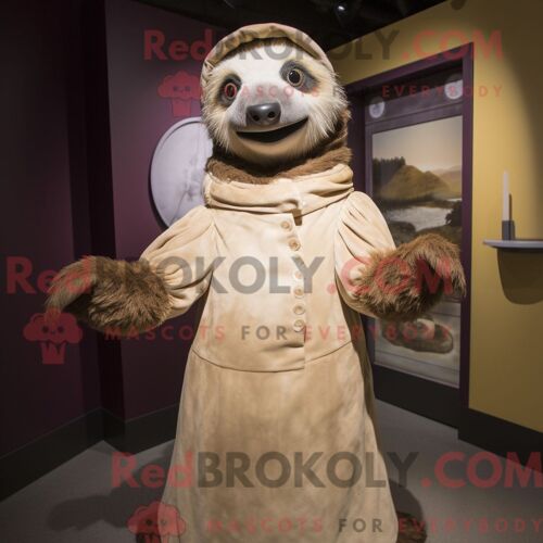 Costume De Mascotte Redbrokoly De Paresseux Beige Habillé D Une Robe Taille Empire Et De Gants