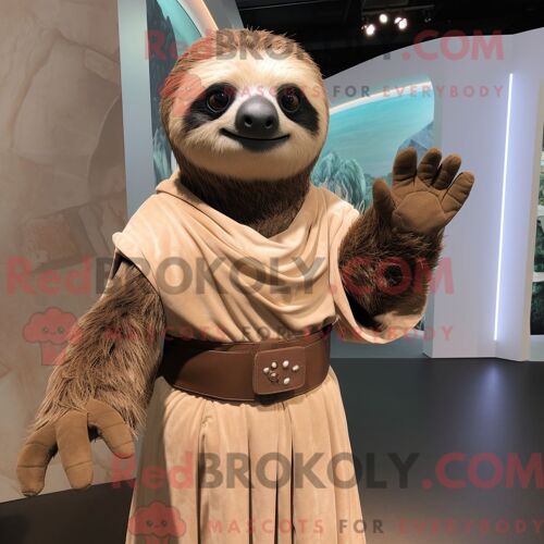 Costume De Mascotte Redbrokoly De Paresseux Beige Habillé D Une Robe Taille Empire Et De Gants