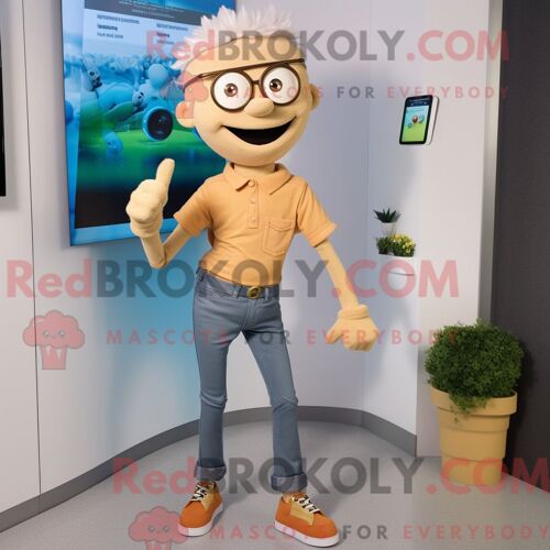 Personnage De Costume De Mascotte Redbrokoly Tan But Habillé Avec Un Jean Skinny Et Des Montres Numériques