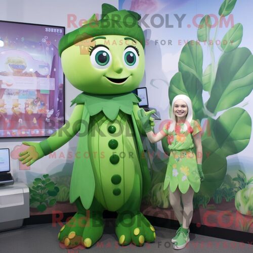 Personnage De Costume De Mascotte Redbrokoly De Haricot Magique Habillé D Une Mini-Jupe Et De Montres Intelligentes