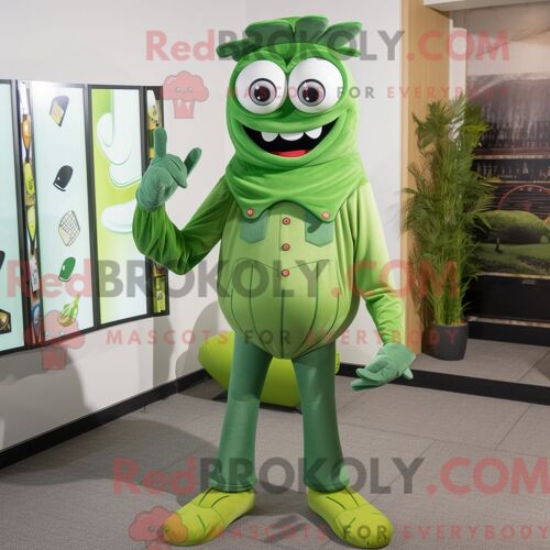 Costume De Mascotte Redbrokoly De Steak Vert Habillé D Un Jean Skinny Et De Coussinets De Pieds