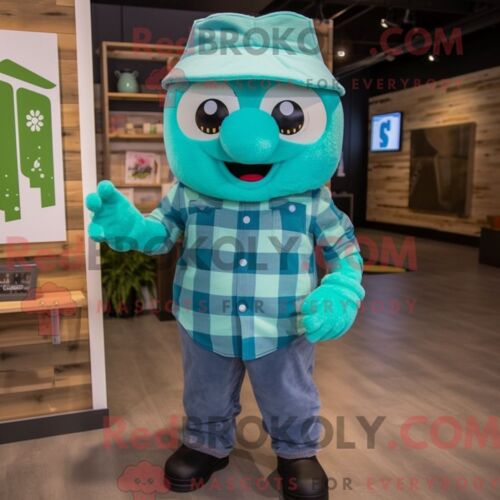 Personnage De Costume De Mascotte Redbrokoly De Cyan Candy Habillé Avec Une Chemise En Flanelle Et Des Bracelets De Cheville