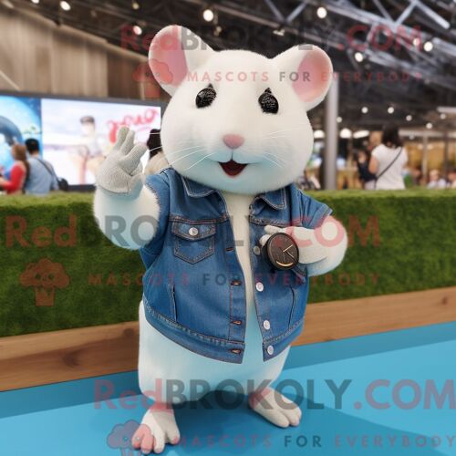 Costume Mascotte Redbrokoly De Hamster Blanc Habillé D Une Chemise En Chambray Et De Montres Connectées